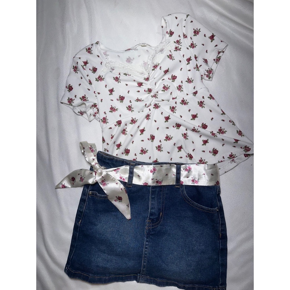 Common Stitch Girls Floral Top and Denim Skirt Set with Ribbon Belt Size S 7/8